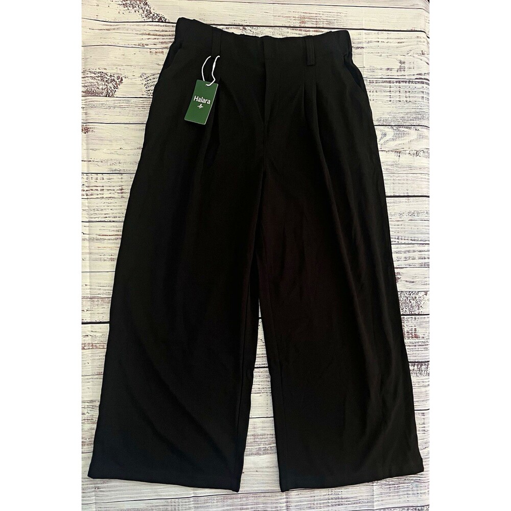 NWT Halara High Waisted Pleated Wide Leg Waffle Knit Cropped Pants Black L